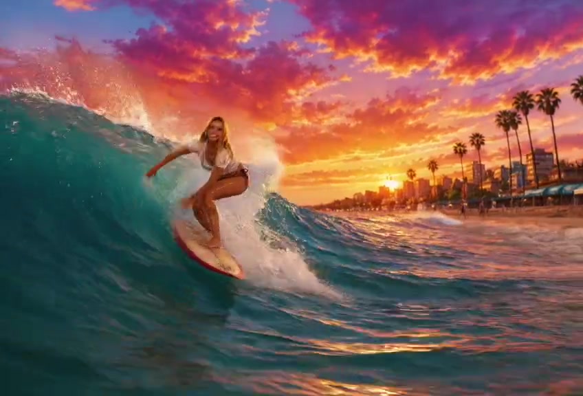 Surfer riding a sunset wave off Salou beach