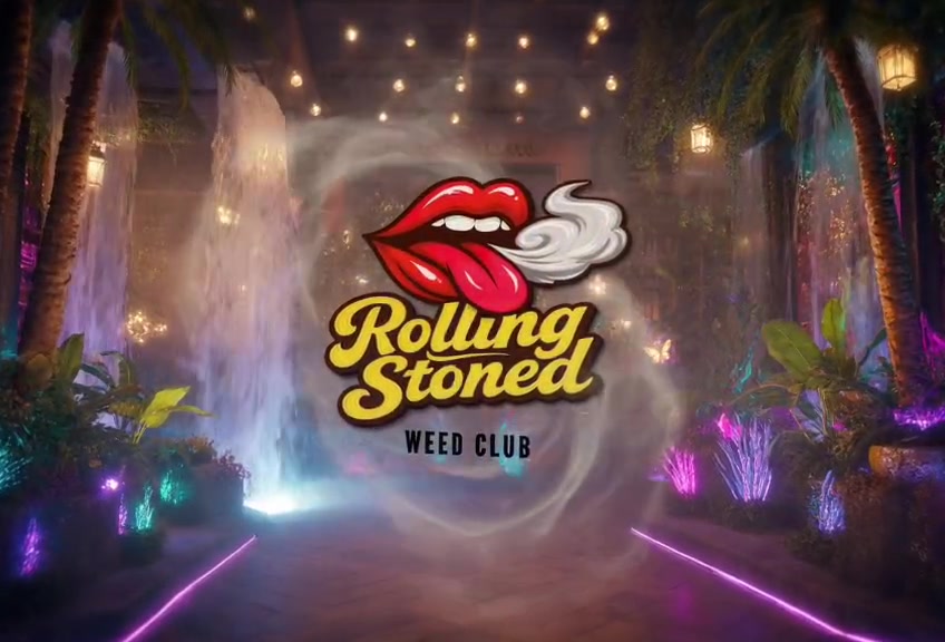 Rolling Stoned Weed Club logo in a neon jungle lounge